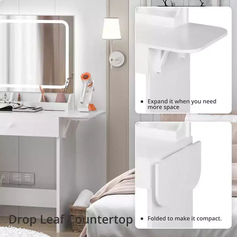 Set Scrivania Toeletta Bianca con Specchio LED, Sedia e Cassetti – 1 Persona