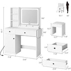 Set Scrivania Toeletta Bianca con Specchio LED, Sedia e Cassetti – 1 Persona