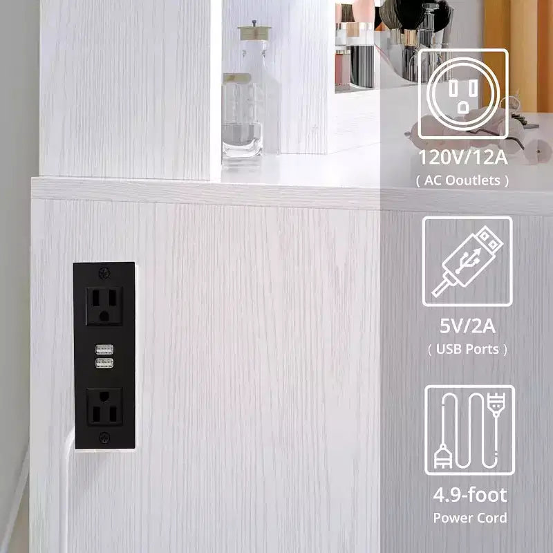 Set Scrivania Toeletta Bianca con Specchio LED, Sedia e Cassetti – 1 Persona