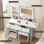 Set Scrivania Toeletta Bianca con Specchio LED, Sedia e Cassetti – 1 Persona