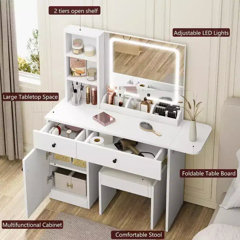 Set Scrivania Toeletta Bianca con Specchio LED, Sedia e Cassetti – 1 Persona