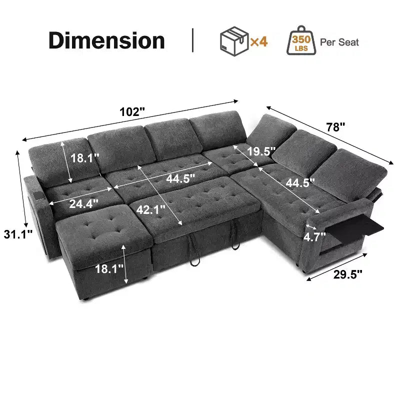 Divano letto angolare a L, 5 posti, reclinabile, con porte USB, beige / grigio scuro