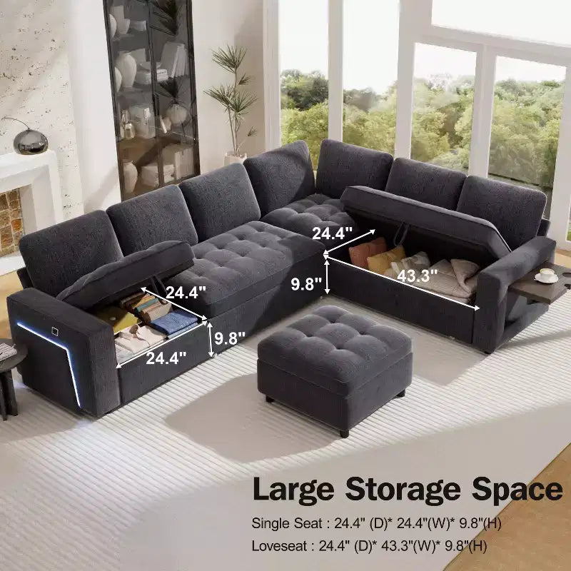 Divano letto angolare a L, 5 posti, reclinabile, con porte USB, beige / grigio scuro