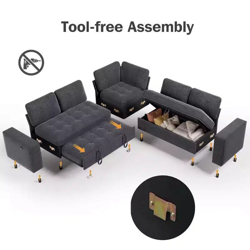 Divano letto angolare a L, 5 posti, reclinabile, con porte USB, beige / grigio scuro