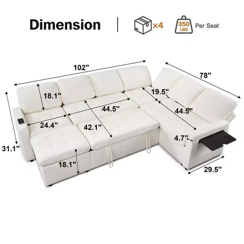 Divano letto angolare a L, 5 posti, reclinabile, con porte USB, beige / grigio scuro