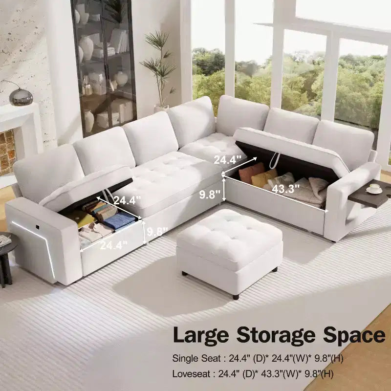 Divano letto angolare a L, 5 posti, reclinabile, con porte USB, beige / grigio scuro