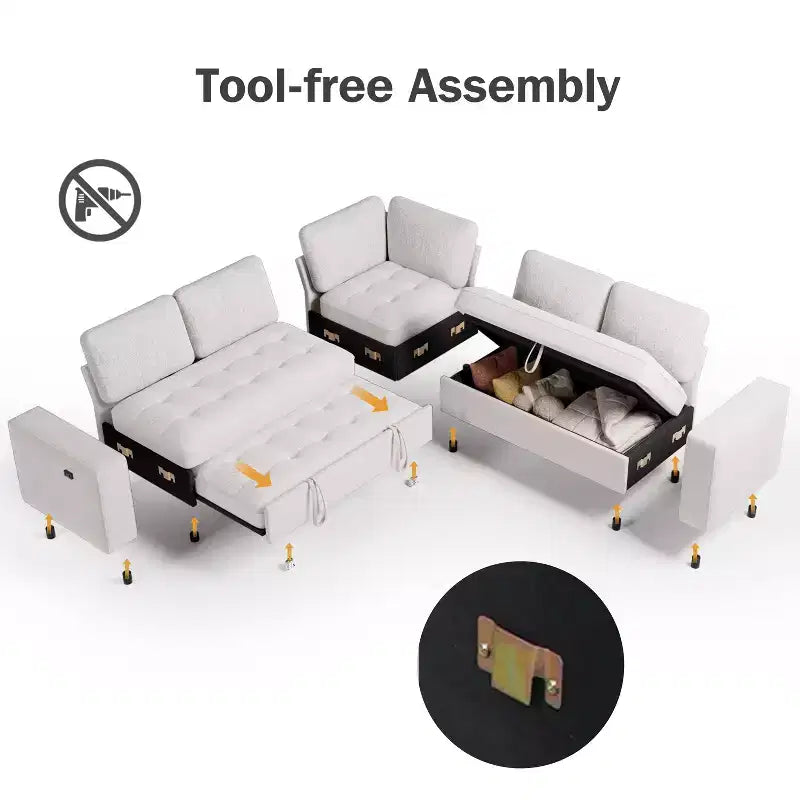 Divano letto angolare a L, 5 posti, reclinabile, con porte USB, beige / grigio scuro