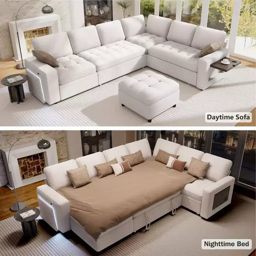 Dyonery 7-Seat Modular Sectional Sleeper Sofa Bed with Pull Out Bed/Reclining Backrest/USB Ports/Storage Seat,L-Shaped Sofa Couch,Tool-Free Assembly