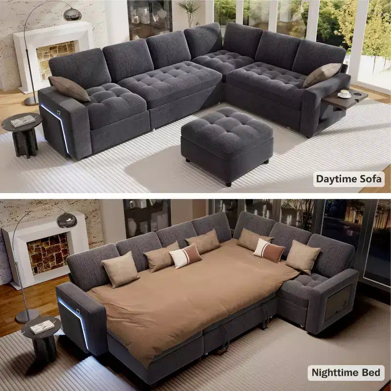 Divano letto angolare a L, 5 posti, reclinabile, con porte USB, beige / grigio scuro
