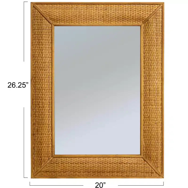 Specchio da Parete Rettangolare con Cornice in Rattan Marrone