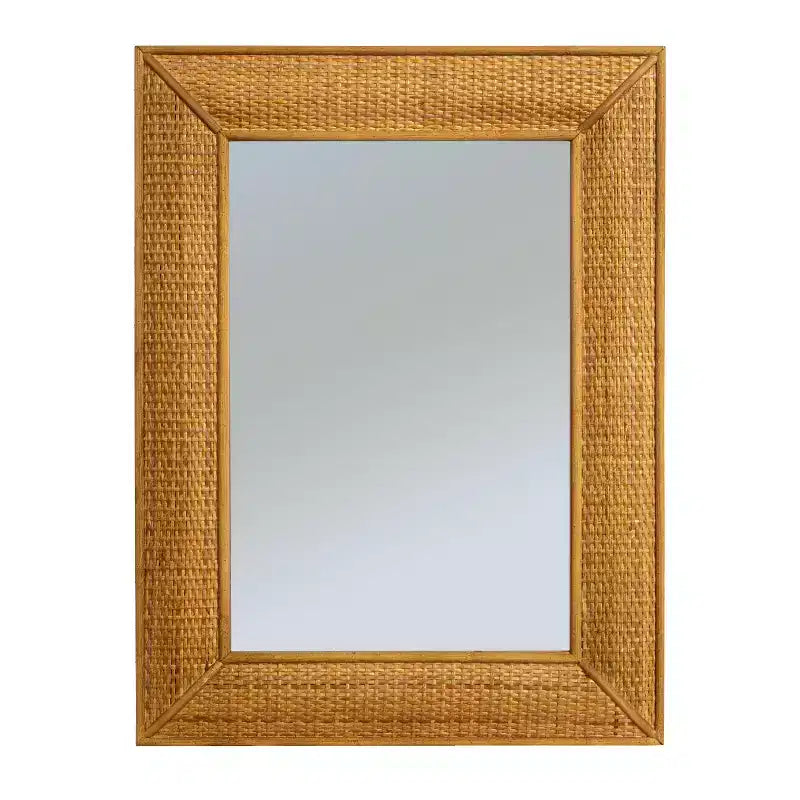 Specchio da Parete Rettangolare con Cornice in Rattan Marrone