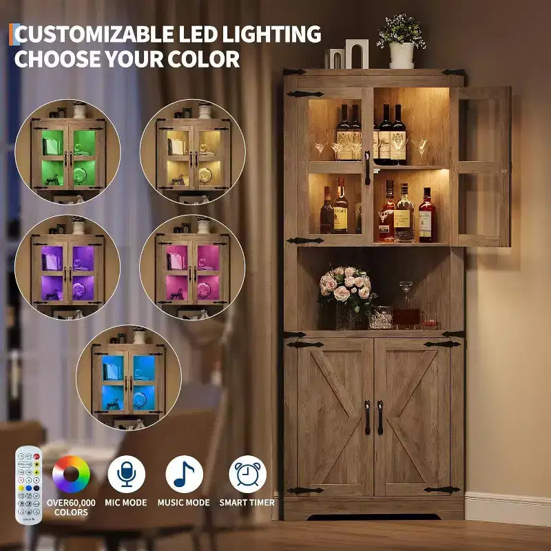 Mobile angolare da fattoria in colori retrò/frassino sbiancato/bianco con luci LED e ante in vetro – 4 ante