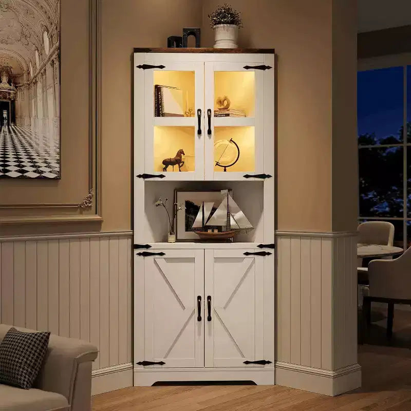 Mobile angolare da fattoria in colori retrò/frassino sbiancato/bianco con luci LED e ante in vetro – 4 ante