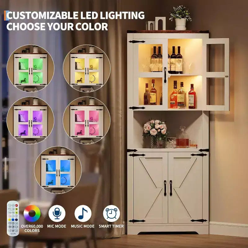 Mobile angolare da fattoria in colori retrò/frassino sbiancato/bianco con luci LED e ante in vetro – 4 ante
