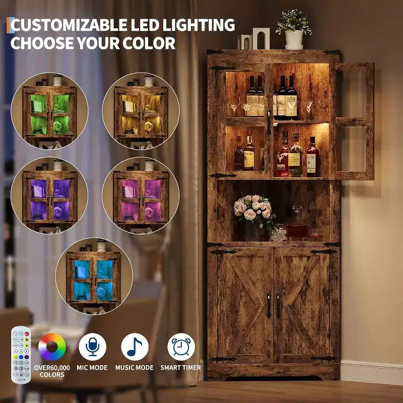 Mobile angolare da fattoria in colori retrò/frassino sbiancato/bianco con luci LED e ante in vetro – 4 ante