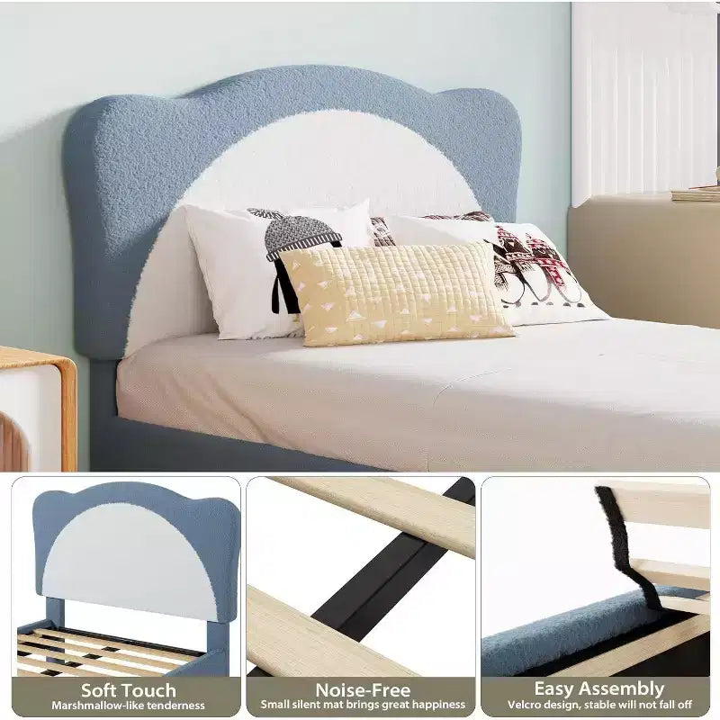 Struttura letto a piattaforma in boucle, misura singola, testiera a conchiglia, azzurro / grigio chiaro / rosa + bianco, per 1 bambino