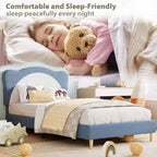 Struttura letto a piattaforma in boucle, misura singola, testiera a conchiglia, azzurro / grigio chiaro / rosa + bianco, per 1 bambino