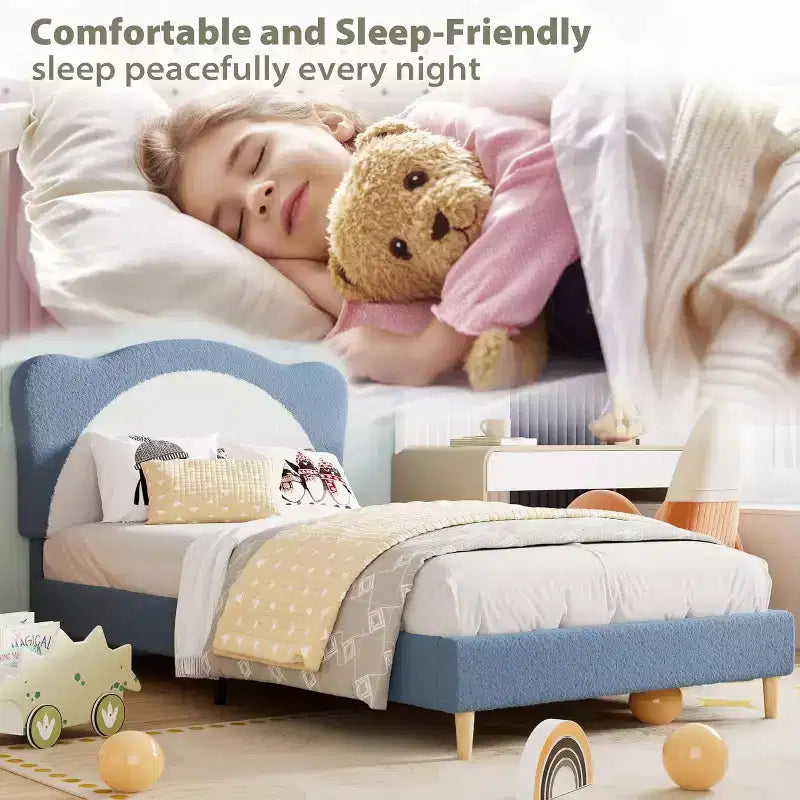 Struttura letto a piattaforma in boucle, misura singola, testiera a conchiglia, azzurro / grigio chiaro / rosa + bianco, per 1 bambino