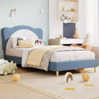 Struttura letto a piattaforma in boucle, misura singola, testiera a conchiglia, azzurro / grigio chiaro / rosa + bianco, per 1 bambino