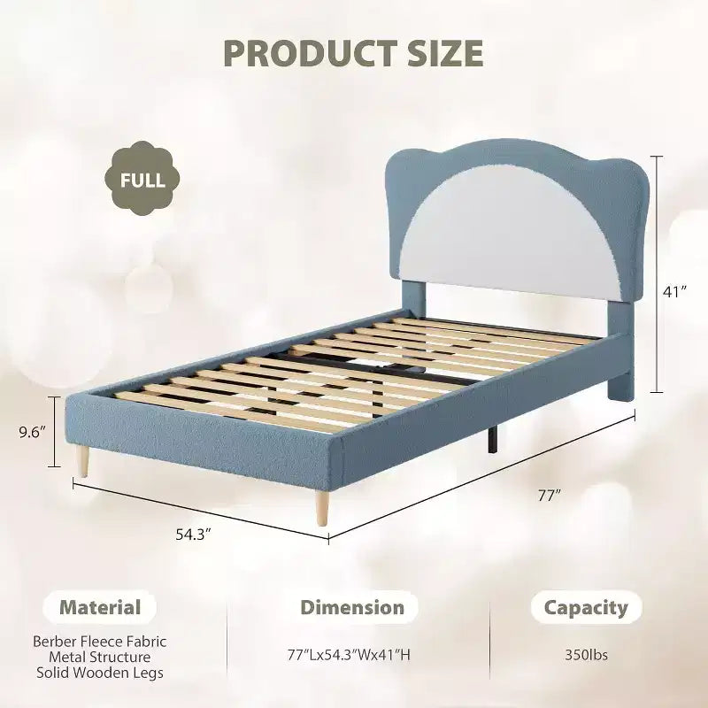 Struttura letto a piattaforma in boucle, misura singola, testiera a conchiglia, azzurro / grigio chiaro / rosa + bianco, per 1 bambino