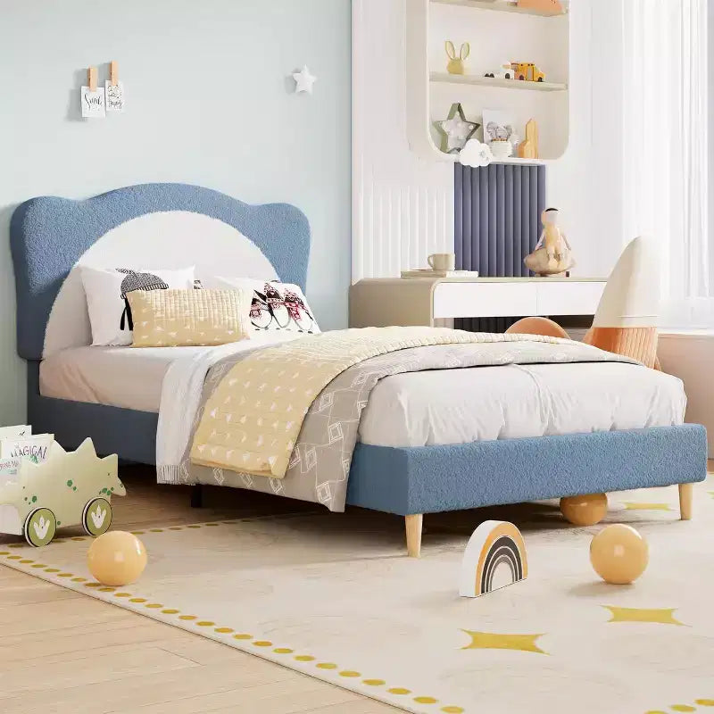 Struttura letto a piattaforma in boucle, misura singola, testiera a conchiglia, azzurro / grigio chiaro / rosa + bianco, per 1 bambino