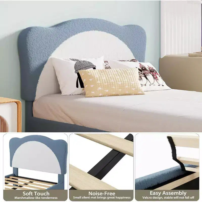 Struttura letto a piattaforma in boucle, misura singola, testiera a conchiglia, azzurro / grigio chiaro / rosa + bianco, per 1 bambino