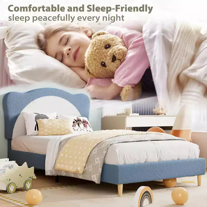 Struttura letto a piattaforma in boucle, misura singola, testiera a conchiglia, azzurro / grigio chiaro / rosa + bianco, per 1 bambino