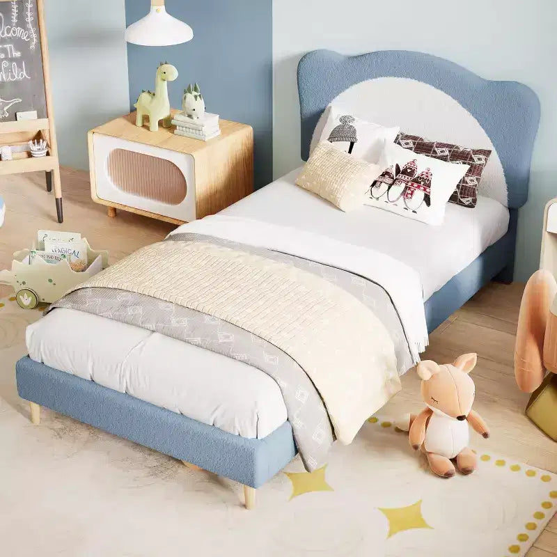 Struttura letto a piattaforma in boucle, misura singola, testiera a conchiglia, azzurro / grigio chiaro / rosa + bianco, per 1 bambino
