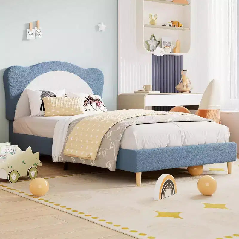Struttura letto a piattaforma in boucle, misura singola, testiera a conchiglia, azzurro / grigio chiaro / rosa + bianco, per 1 bambino