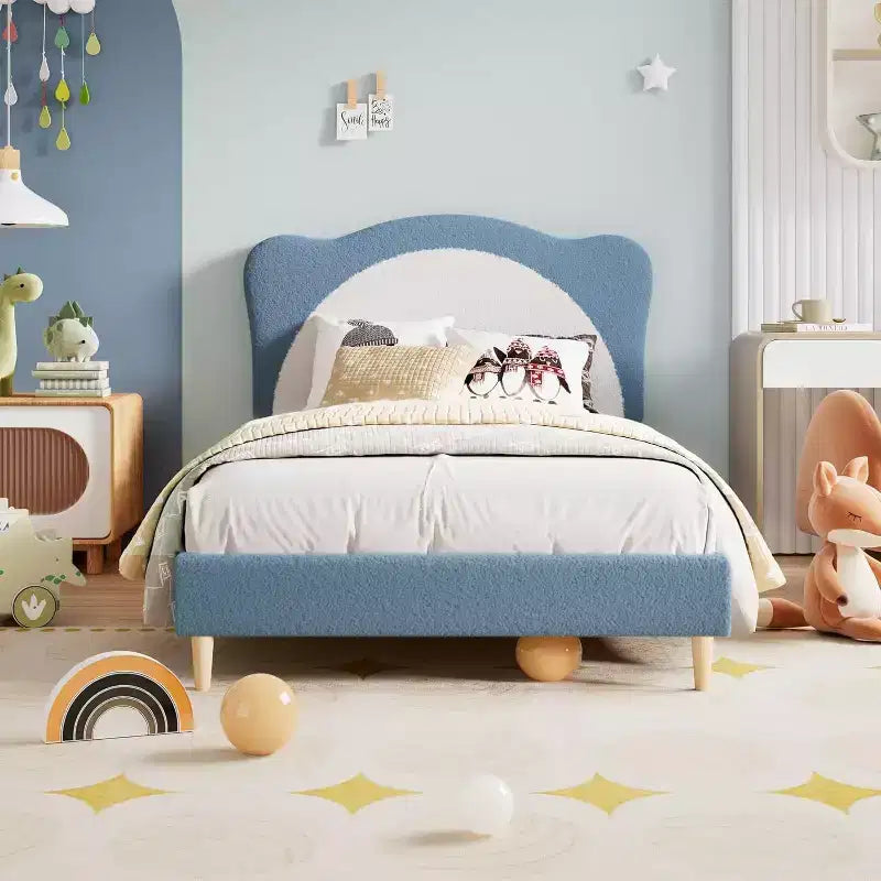 Struttura letto a piattaforma in boucle, misura singola, testiera a conchiglia, azzurro / grigio chiaro / rosa + bianco, per 1 bambino