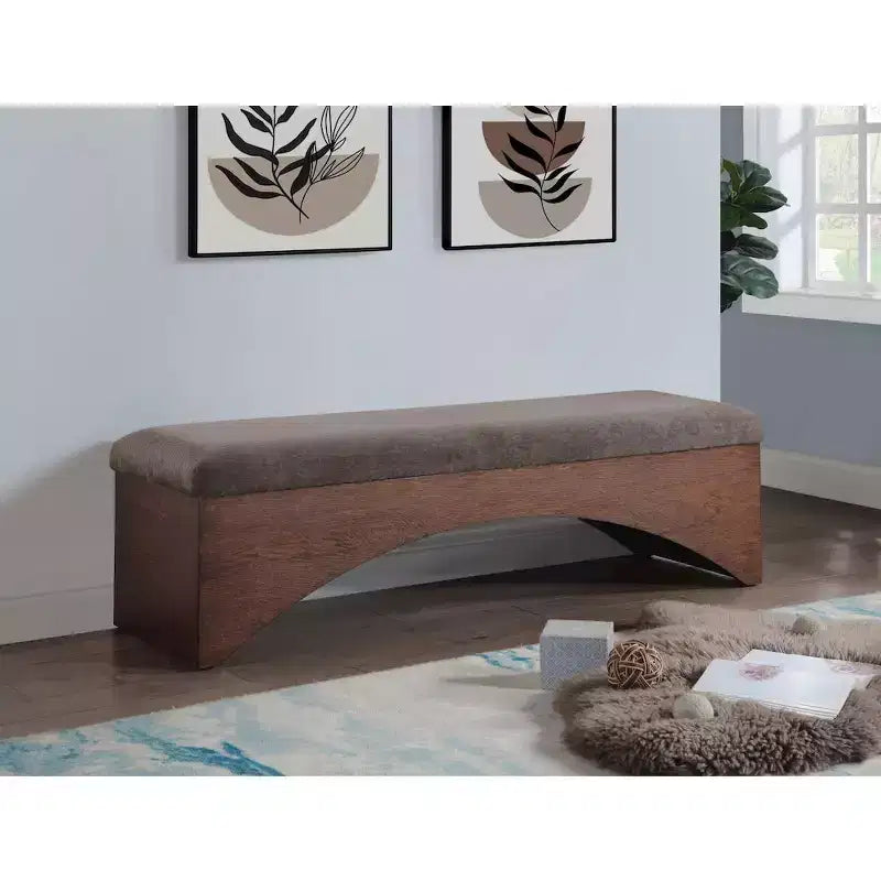 Panca imbottita in velluto pelliccia beige/marrone/crema, base in noce, 1 posto