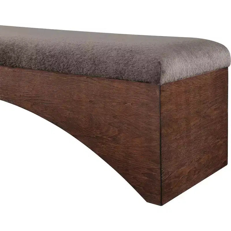 Panca imbottita in velluto pelliccia beige/marrone/crema, base in noce, 1 posto