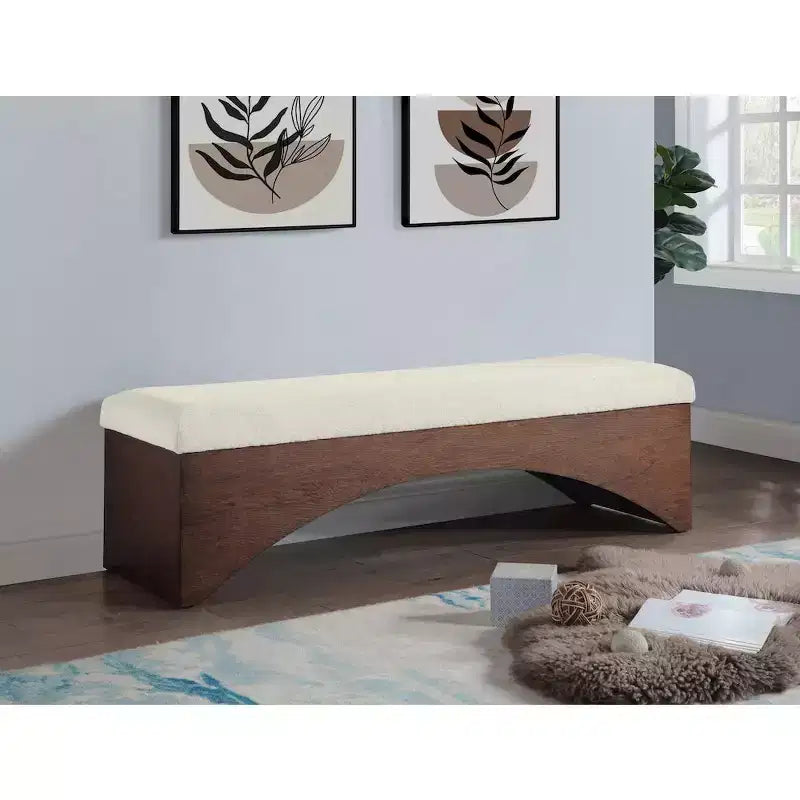 Panca imbottita in velluto pelliccia beige/marrone/crema, base in noce, 1 posto