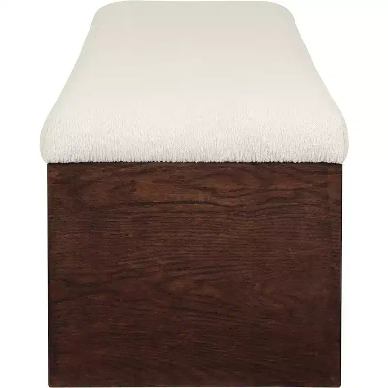 Panca imbottita in velluto pelliccia beige/marrone/crema, base in noce, 1 posto