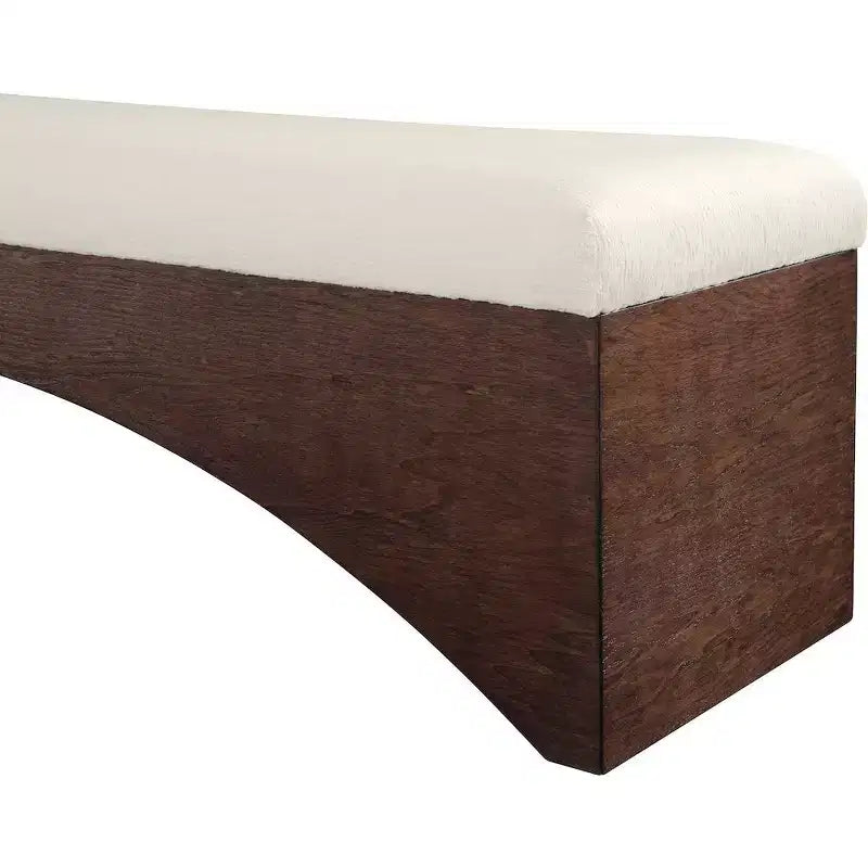 Panca imbottita in velluto pelliccia beige/marrone/crema, base in noce, 1 posto