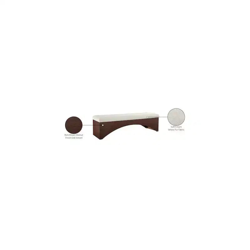 Panca imbottita in velluto pelliccia beige/marrone/crema, base in noce, 1 posto