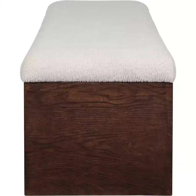 Panca imbottita in velluto pelliccia beige/marrone/crema, base in noce, 1 posto