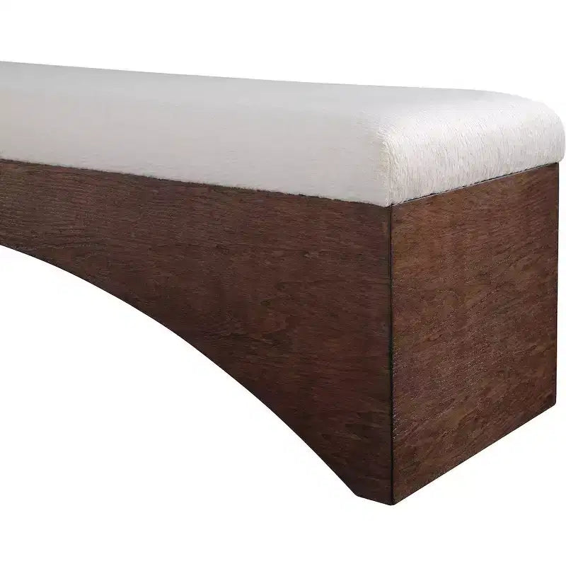 Panca imbottita in velluto pelliccia beige/marrone/crema, base in noce, 1 posto