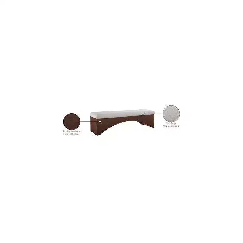 Panca imbottita in velluto pelliccia beige/marrone/crema, base in noce, 1 posto