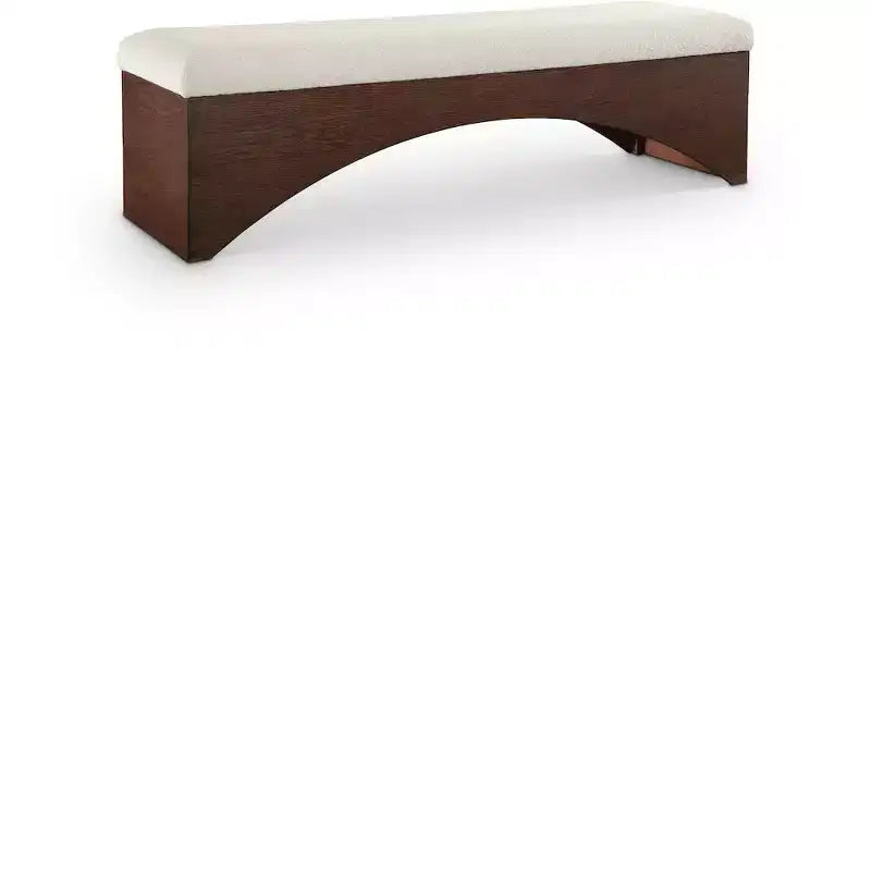 Panca imbottita in velluto pelliccia beige/marrone/crema, base in noce, 1 posto
