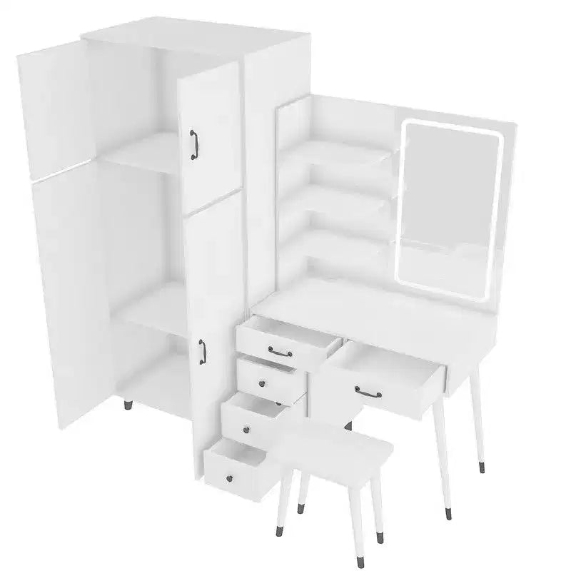 Set Comodino e Armadio a 4 Ante 2 in 1 Bianco con Specchio LED, per 1