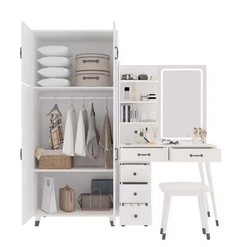 Set Comodino e Armadio a 4 Ante 2 in 1 Bianco con Specchio LED, per 1