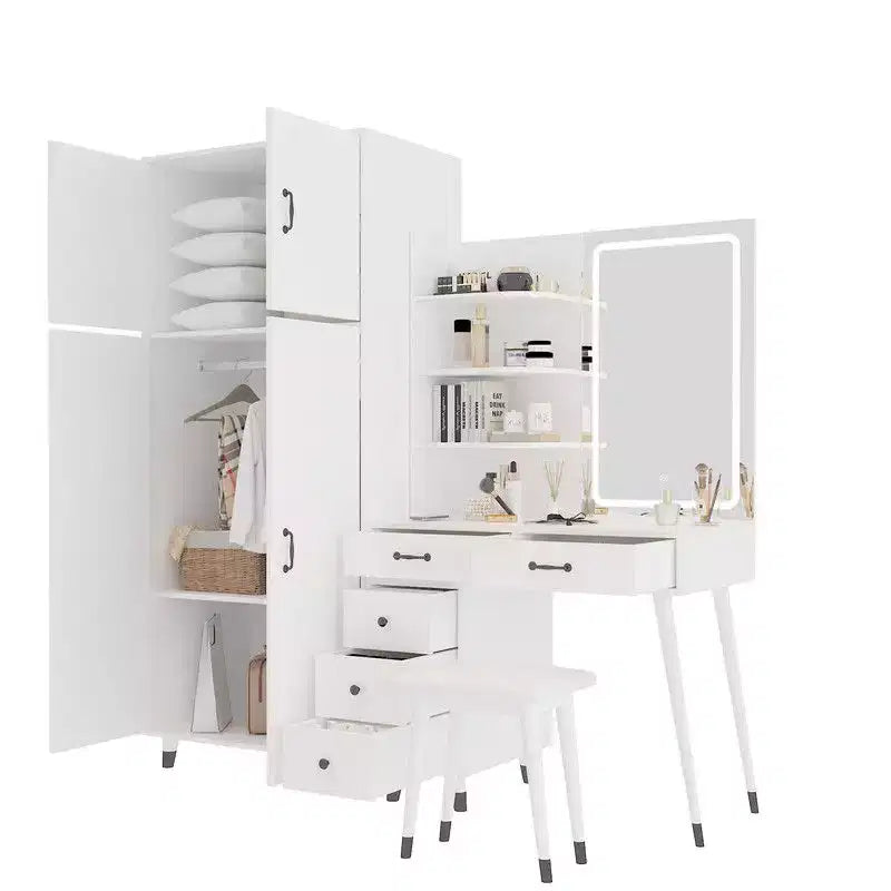 Set Comodino e Armadio a 4 Ante 2 in 1 Bianco con Specchio LED, per 1