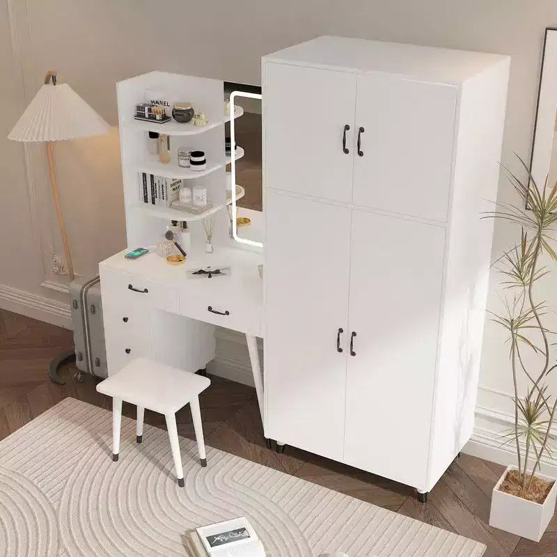 Set Comodino e Armadio a 4 Ante 2 in 1 Bianco con Specchio LED, per 1