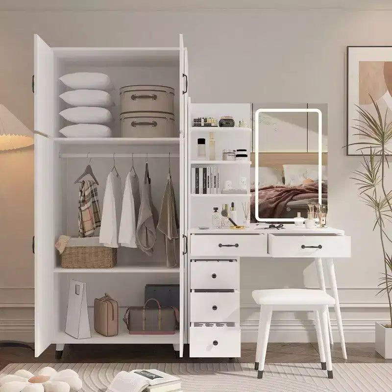 Set Comodino e Armadio a 4 Ante 2 in 1 Bianco con Specchio LED, per 1