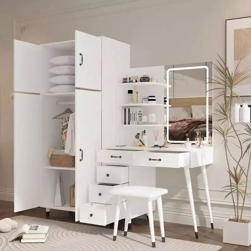 Set Comodino e Armadio a 4 Ante 2 in 1 Bianco con Specchio LED, per 1
