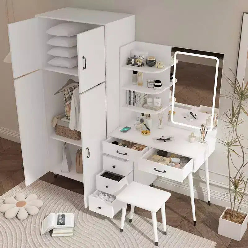 Set Comodino e Armadio a 4 Ante 2 in 1 Bianco con Specchio LED, per 1