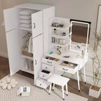 Set Comodino e Armadio a 4 Ante 2 in 1 Bianco con Specchio LED, per 1