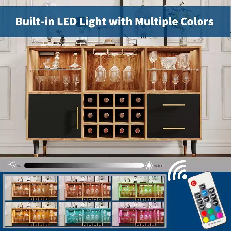Mobile bar nero / color legno con luci LED e stazione di ricarica, credenza da 120 cm, uso per 1 persona