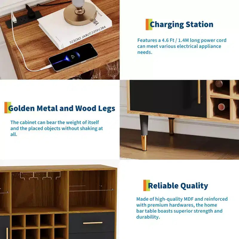 Mobile bar nero / color legno con luci LED e stazione di ricarica, credenza da 120 cm, uso per 1 persona